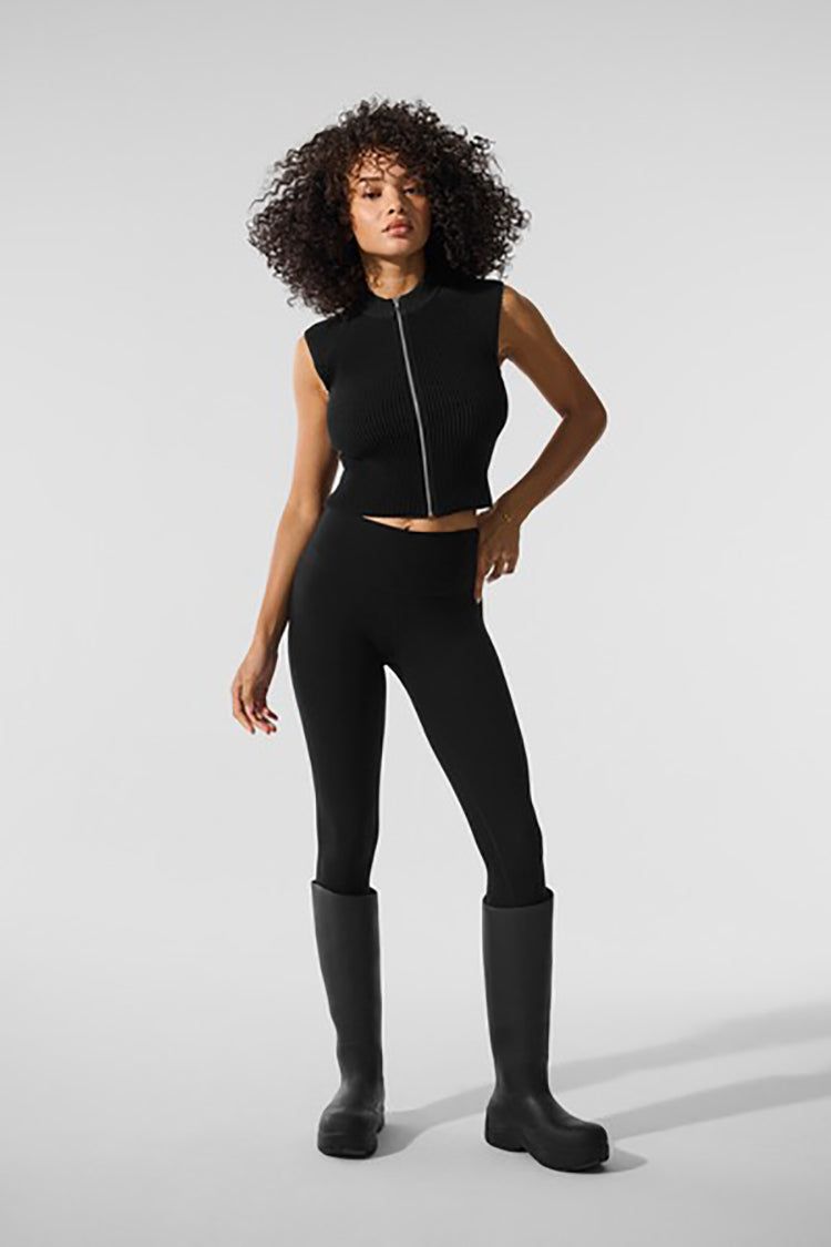 DENIM KNIT SLEEVELESS FULL ZIP TOP